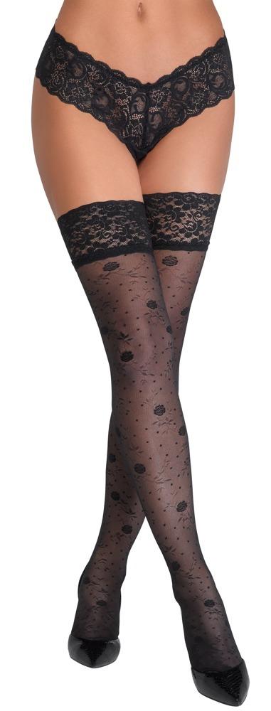 Cottelli Legwear Samodržící punčochy se vzorem růžiček - černé - Obrázek 3